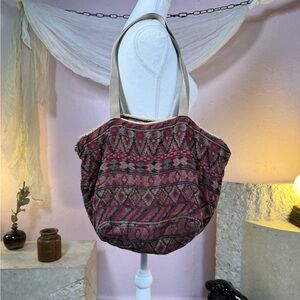 Vintage Tapestry Tote Bag – Burgundy & Earth-Tone Folk Pattern